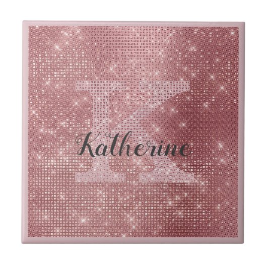 Girly Dusty Rose Gold Sparkle Glam Monogramm Name Fliese (Vorderseite)