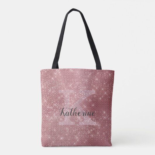 Girly Dusty Rose Gold Sparkle Glam Monogramm Name Tasche (Rückseite)