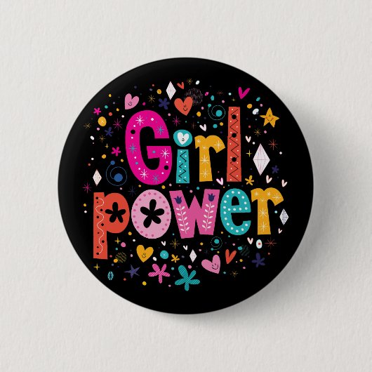Girly Eclectic Flower Girl Power Black Button (Vorderseite)