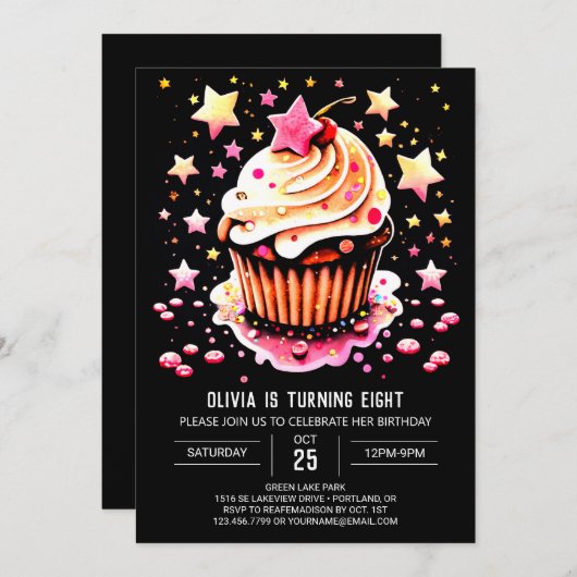 Girly Editable Muffin Einladung (Vorne/Hinten)