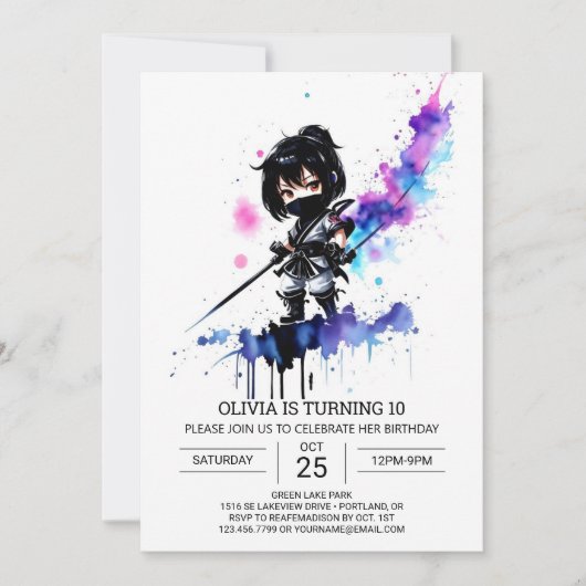 Girly Editable Ninja Girl Birthday Einladung (Vorderseite)