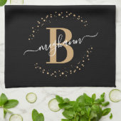 Girly Elegant Black Name Monogram Script Geschirrtuch (Gefaltet)
