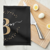 Girly Elegant Black Name Monogram Script Geschirrtuch (Viertel Falte)