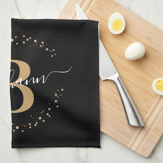Girly Elegant Black Name Monogram Script Geschirrtuch (Viertel Falte)