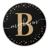 Girly Elegant Black Name Monogram Script Keramikknauf (Vorderseite)
