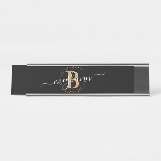 Girly Elegant Black Name Monogram Script Schreibtischnamensplakette (Vorderseite )