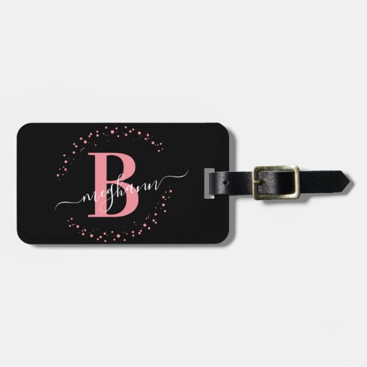 Girly Elegant Black Pink Name Monogram Script Lugg Gepäckanhänger (Vorderseite horizontal)