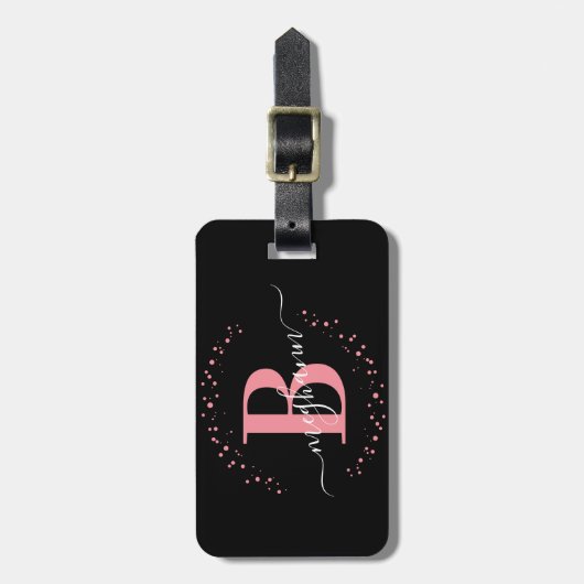 Girly Elegant Black Pink Name Monogram Script Lugg Gepäckanhänger (Vorderseite vertikal)
