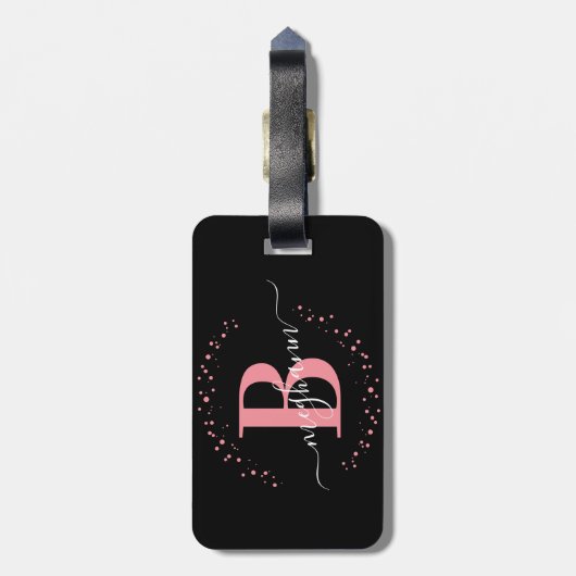 Girly Elegant Black Pink Name Monogram Script Lugg Gepäckanhänger (Rückseite vertikal)