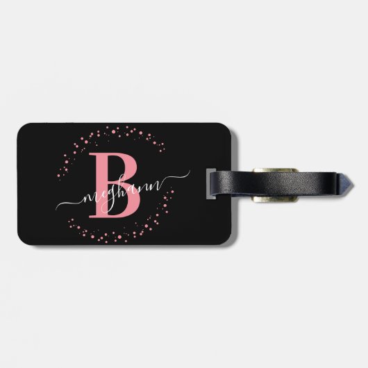 Girly Elegant Black Pink Name Monogram Script Lugg Gepäckanhänger (Rückseite horizontal)