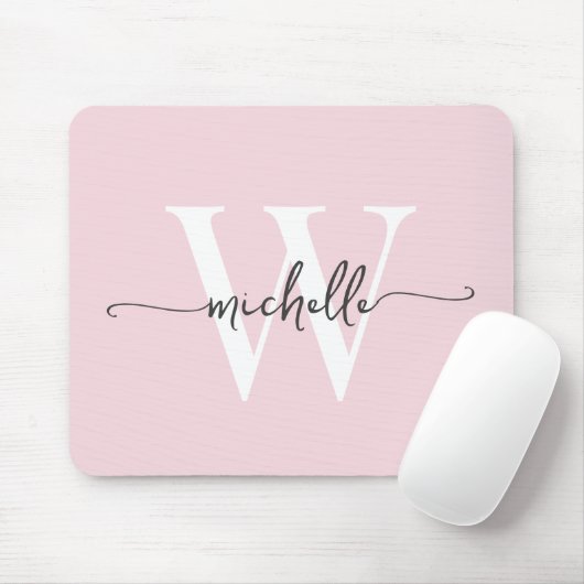 Girly Elegant Blush Pink Monogram Name Script Mousepad (Mit Mouse)