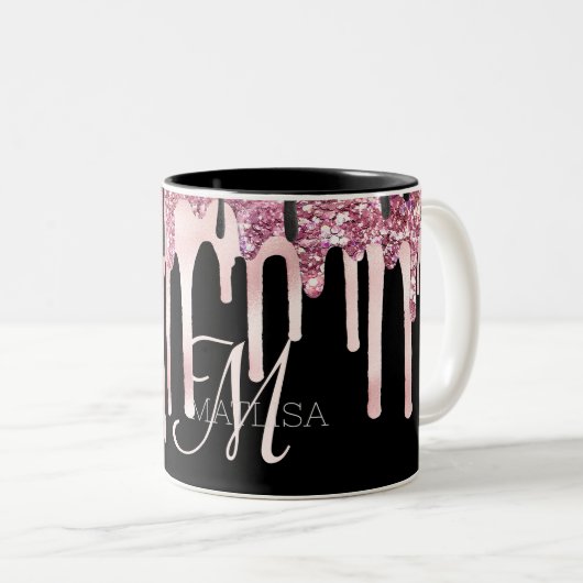 Girly Elegant Dripping Monogram Black Pink Name Zweifarbige Tasse (VorderseiteRechts)
