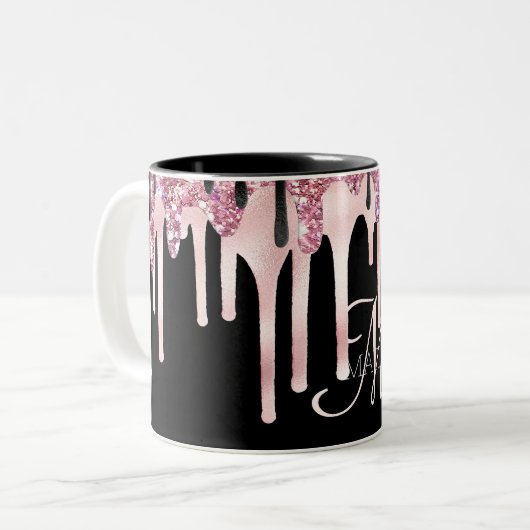 Girly Elegant Dripping Monogram Black Pink Name Zweifarbige Tasse (Vorderseite Links)