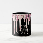 Girly Elegant Dripping Monogram Black Pink Name Zweifarbige Tasse (Mittel)