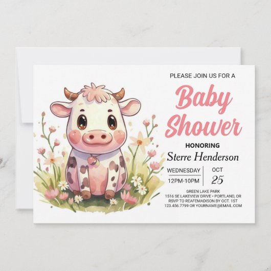 Girly Elegant Enchanted Cow Baby Showe Einladung (Vorderseite)