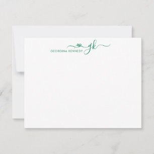 Girly Elegant Heart Script 2 Monogram Forest Green Mitteilungskarte