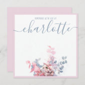 Girly Elegant Minimalistisch Floral Blue Pink Name Mitteilungskarte (Vorne/Hinten)