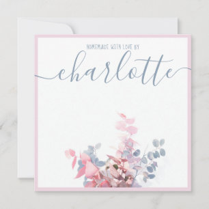 Girly Elegant Minimalistisch Floral Blue Pink Name Mitteilungskarte