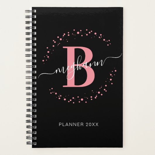 Girly Elegant Pink Black Name Mit Monogramm 2023 Planer (Vorderseite)