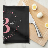 Girly Elegant Pink Black Name Monogram Script Kitc Geschirrtuch (Viertel Falte)