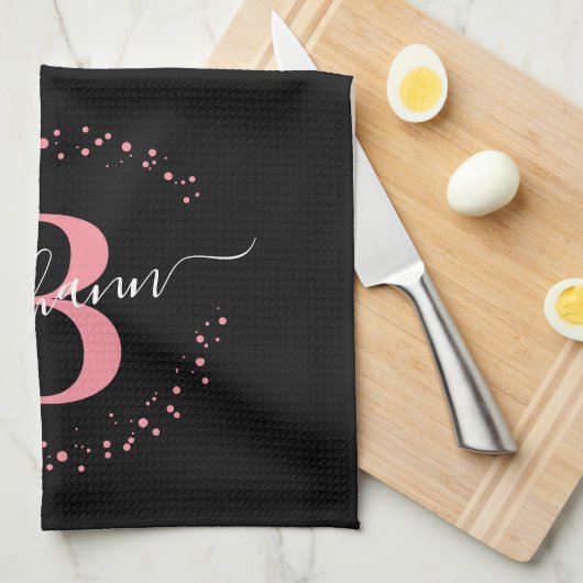 Girly Elegant Pink Black Name Monogram Script Kitc Geschirrtuch (Viertel Falte)
