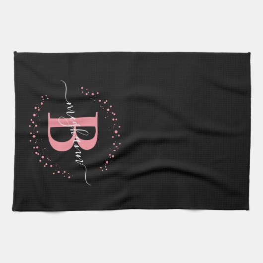 Girly Elegant Pink Black Name Monogram Script Kitc Geschirrtuch (Horizontal)
