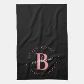 Girly Elegant Pink Black Name Monogram Script Kitc Geschirrtuch (Vertikal)