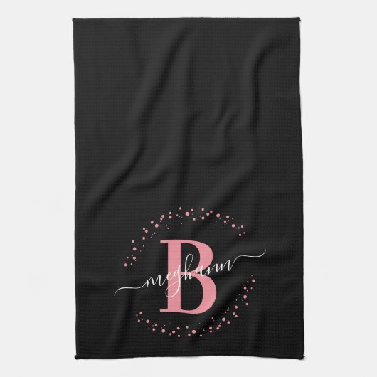 Girly Elegant Pink Black Name Monogram Script Kitc Geschirrtuch (Vertikal)