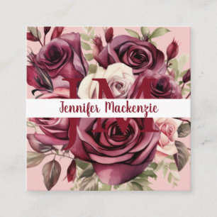Girly Elegant Pink Burgundy Rote Rosen Quadratische Visitenkarte