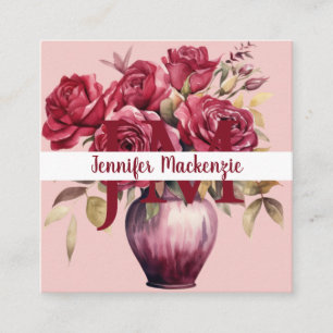 Girly Elegant Pink Burgundy Rote Rosen Quadratische Visitenkarte