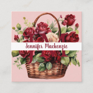 Girly Elegant Pink Burgundy Rote Rosen Quadratische Visitenkarte