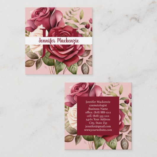 Girly Elegant Pink Burgundy Rote Rosen Quadratische Visitenkarte (Vorne/Hinten)