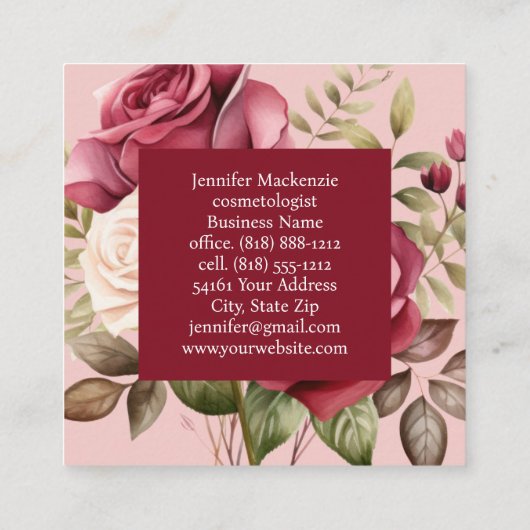 Girly Elegant Pink Burgundy Rote Rosen Quadratische Visitenkarte (Rückseite)