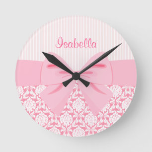 Girly Elegant Pink Damask Wrap Bow Personalisiert Runde Wanduhr