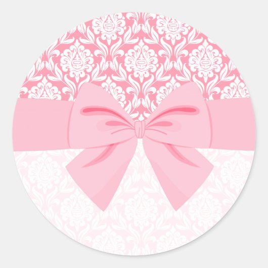 Girly Elegant Pink Damask Wrap Bow Runder Aufkleber (Vorderseite)