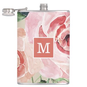 Girly Elegante Floral Wasserfarben Mit Monogramm F Flachmann