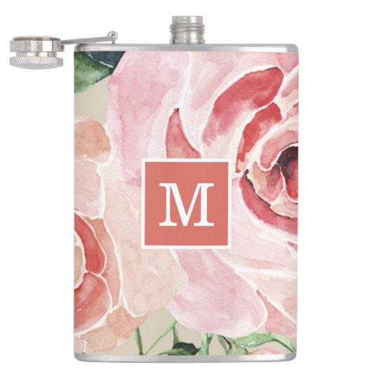 Girly Elegante Floral Wasserfarben Mit Monogramm F Flachmann (Geöffnet)