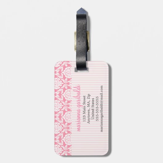 Girly eleganter rosa Damast-Verpackungs-Bogen Gepäckanhänger (Rückseite vertikal)