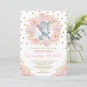 Girly Elephant Blush Pink Floral Baby Girl Dusche Einladung (Stehend Vorderseite)