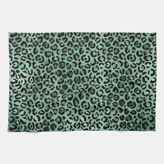 Girly Emerald Green Glam Leopard Print Geschirrtuch (Horizontal)
