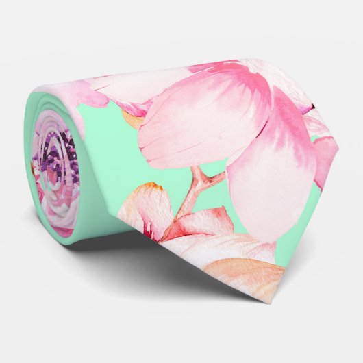 Girly erröten rosa Blumen auf tadellosem Grün Krawatte (Gerollt)