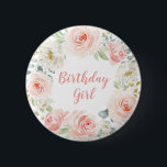 Girly erröten rosa Goldblumenerster 1. Geburtstag Button<br><div class="desc">Dieser weibliche Ausrüstungsbeschreibungen herrliche Watercolor erröten rosa Rosen mit Goldblattakzenten</div>