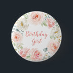 Girly erröten rosa Goldblumenerster 1. Geburtstag Button<br><div class="desc">Dieser weibliche Ausrüstungsbeschreibungen herrliche Watercolor erröten rosa Rosen mit Goldblattakzenten</div>