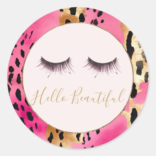Girly Eyelashes Pink Glam Gold Leopard Runder Aufkleber (Vorderseite)