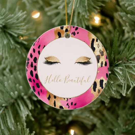 Girly Eyelashes Pink Glam Gold Sparkard Leopard Keramik Ornament (Baum)