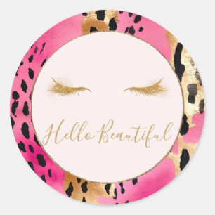 Girly Eyelashes Pink Glam Gold Sparkard Leopard Runder Aufkleber