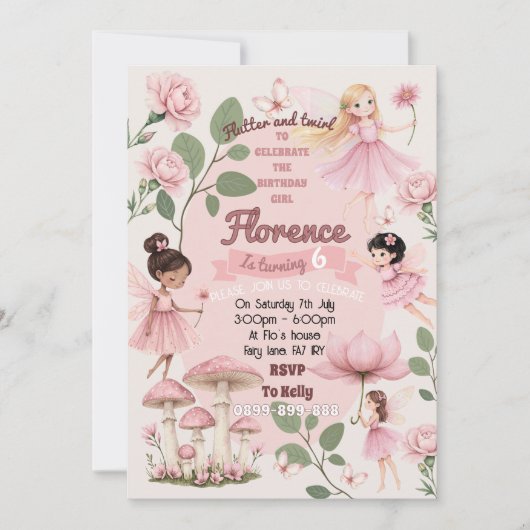 Girly fairy birthday party invitation  einladung (Vorderseite)