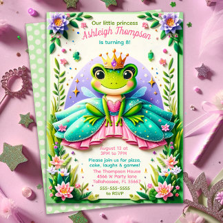 Girly Fairy Tale Frog Princess Birthday Party Einladung