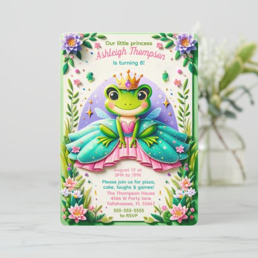 Girly Fairy Tale Frog Princess Birthday Party Einladung (Stehend Vorderseite)