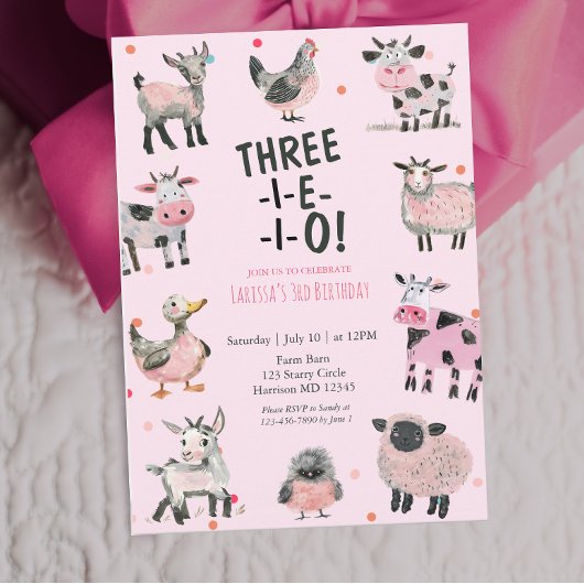 Girly Farm Animal Third Birthday Invitation Einladung
